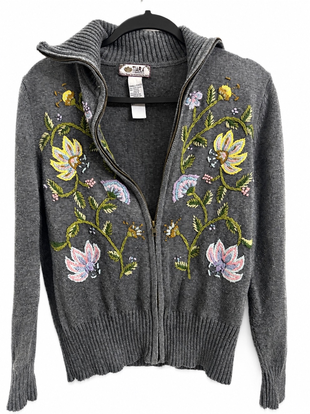 Tiara Int. Embroidered Floral Zip Front Cardigan Sweater Gray Cottagecore Art S